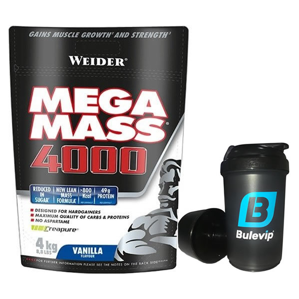 Pack Weider Mega Mass 4000 4 kg + Bulevip Shaker Pro Negro - 500 ml