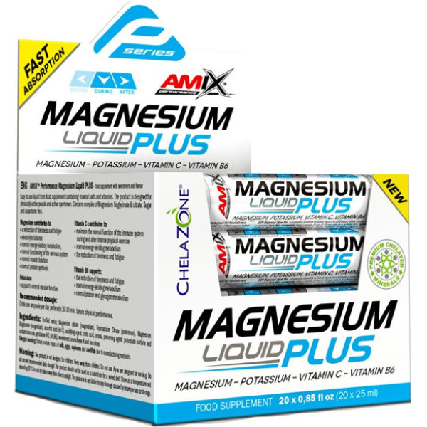Amix Performance Magnesio Plus Liquid 20 viales x 25 ml - Contiene Magnesio y Potasio / Enriquecido con Vitamina B6