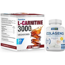 Confezione Quamtrax L-Carnitina 3000 20 fiale x 25 ml + BulePRO Collagene con Magnesio 180 compresse