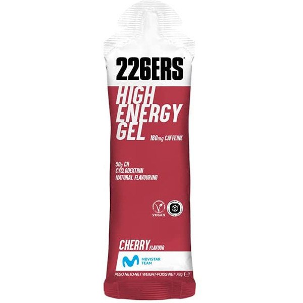226ERS HIGH ENERGY GEL CAFÉINE - 1 Gel x 60 ml - Gel énergétique Cerise Sans Gluten - Végétalien - Avec Cyclodextrine - 160mg de Caféine et 50g de Glucides