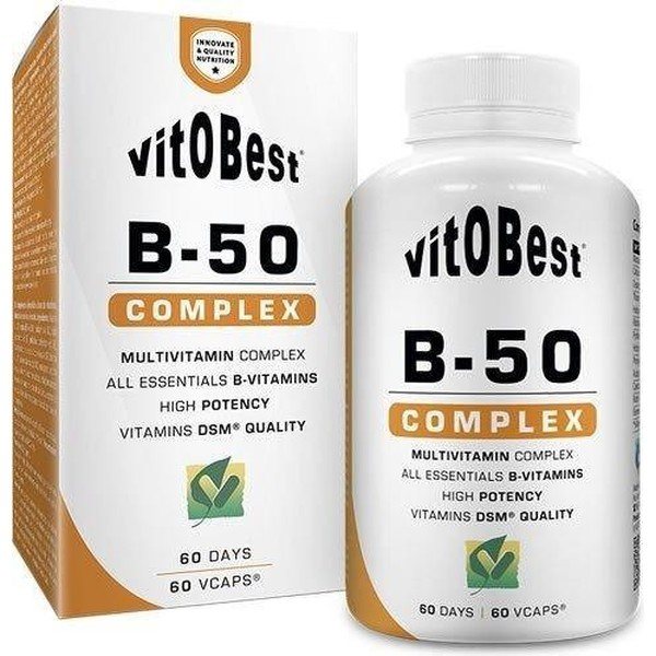 VitOBest B-50 Complex 60 VegeCaps - Contiene 8 Vitamine del Gruppo B + Carbonato di Calcio e Inositolo