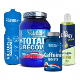 Pack REGALO Victory Endurance Total Recovery 1250 + Caffeine Tablets 250 Caps + Iso Energy Drink 500 Ml + Botella De Agua 600 Ml Azul