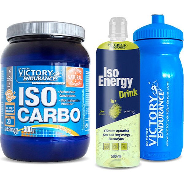 Pack REGALO Victory Iso Carbo Sabor Naranja 900 gr + Iso Energy Drink 500 Ml + Botella De Agua 600 Ml Azul