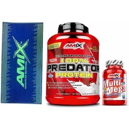 Confezione REGALO Amix Predator Protein 2 Kg + Multi Mega Stack 30 tabs + Asciugamano Sportswear Blu-Verde
