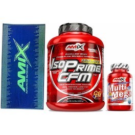 GESCHENKPAKET Amix IsoPrime CFM Isolate Protein 2 Kg + Multi Mega Stack 30 Tabletten + Blaugrünes Sporthandtuch