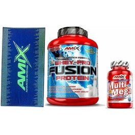 Pack REGALO Amix Whey Pure Fusion 2,3 Kg + Multi Mega Stack 30 tabs + Toalla Sportswear Azul -Verde