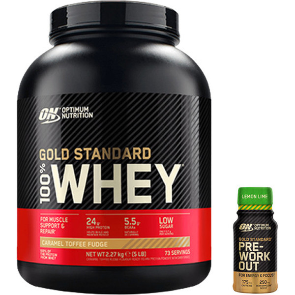Pacote de PRESENTE Optimum Nutrition Protein On 100% Whey Gold Standard 5 Lbs (2,27 Kg) + Amin.o. Energia + eletrólitos 1 Lata X 250 Ml