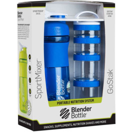 Pack Bouteille Blender Sports Mixer Go Stack 820 Ml + 4 Bouteilles Go Stack Starter Bleu