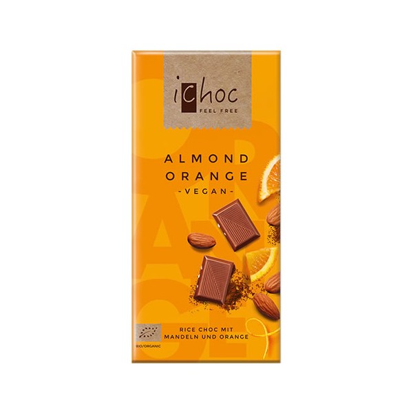 Ichoc Tableta Crujiente Chocolate con Almendras y Naranja Vegano 80 gr