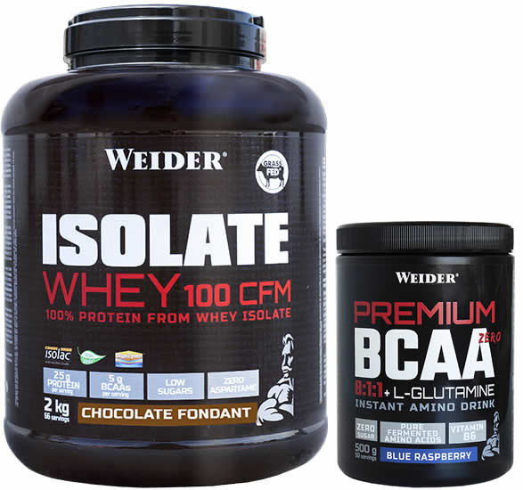 Pack Weider Isolate Whey 100 CFM 2 kg + Premium BCAA Zero 8:1:1 + L-Glutamina 500 gr Pack Weider Isolate Whey 100 CFM 2 kg + Premium BCAA Zero 8:1:1 + L-Glutamina 500 gr