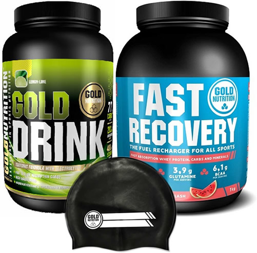 Pack Gold Nutrition Gold Drink 1 kg + Fast Recovery 1 kg + Gorro Natacion Negro Pack Gold Nutrition Gold Drink 1 kg + Fast Recovery 1 kg + Gorro Natacion Negro