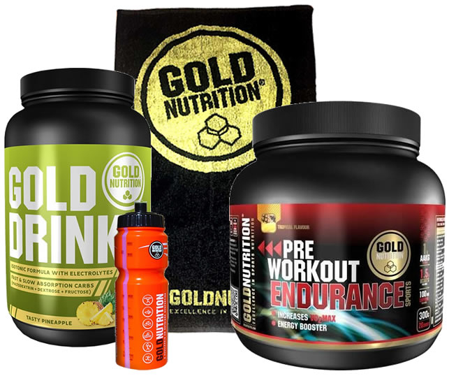 Pack Gold Nutrition Gold Drink 1 kg + Pre-Workout Endurance 300 gr + Toalla Negra + Bidon 750 ml Pack Gold Nutrition Gold Drink 1 kg + Pre-Workout Endurance 300 gr + Toalla Negra + Bidon 750 ml
