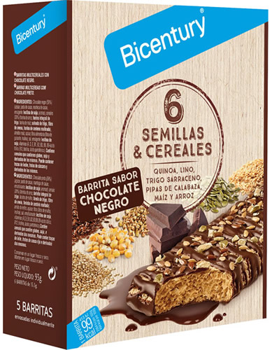 Bicentury Barritas Cereales y Semillas Chocolate Negro 6 barritas x 13 gr Bicentury Barritas Cereales y Semillas Chocolate Negro 6 barritas x 13 gr