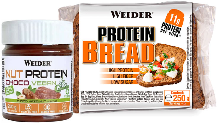 Pack Weider Protein Bread - Pan Proteico 9 bolsas x 5 Rebanadas (250 gr) + Peanut Butter Smooth - Crema de Cacahuete 250 gr Pack Weider Protein Bread - Pan Proteico 9 bolsas x 5 Rebanadas (250 gr) + Peanut Butter Smooth - Crema de Cacahuete 250 gr