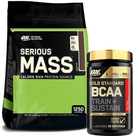 Pack Optimum Nutrition Serious Mass 12 Lbs (5,45 Kg) + Gold Standard BCAA Train + Sustain 266 gr Pack Optimum Nutrition Serious Mass 12 Lbs (5,45 Kg) + Gold Standard BCAA Train + Sustain 266 gr